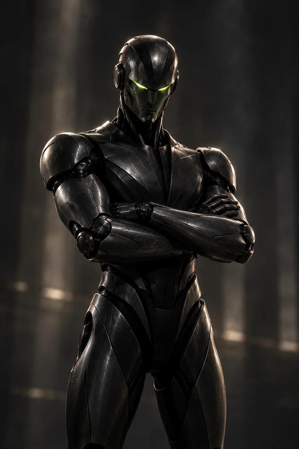 A graphite-metal AI commander standing confidently with crossed arms and luminous lime eyes